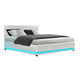 RGB LED Lumi Gas Lift Bed Frame Queen Size With Base Storage In White Leather